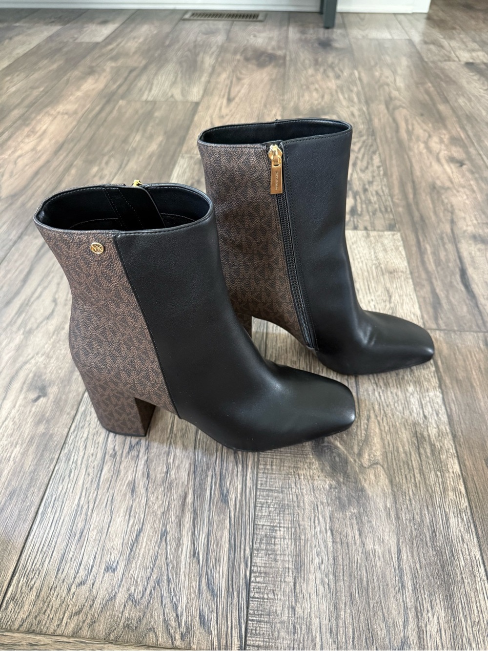 Michael Kors Black and Brown Logo Block Heel Ankle Boots with Gold Zip
